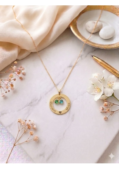 925 Ayar Gümüş Kişiye Özel İsimli Doğum Taşlı Aile Çemberi Kolye.rose.gold.rodaj Renk Seçeneği