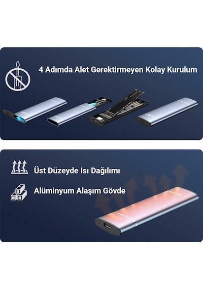 JEYI PureLine M.2 NVMe Harici SSD Kutusu - USB 3.2 Gen 2 10GBPS - 2280/2260/2242/2230 Destekli
