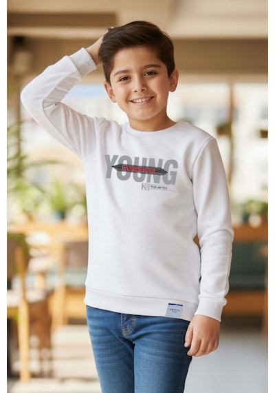 Breeze Erkek Çocuk Sweatshirt Yazı Baskılı 8-14 Yaş, Beyaz Beyaz