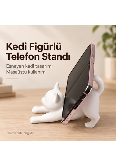 Kedi Figürlü Telefon Standı Beyaz Dekoratif Masaüstü Telefon Tutucu