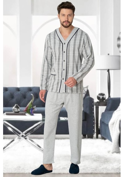 Mecit Pijama Mecit 2767 Gri Önden Düğmeli Büyük Beden Erkek Pijama Takımı 001