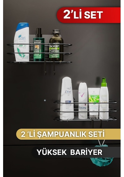 Bino 4 Askılı Şampuanlık Sabunluk Banyo Düzenleyici Duş Rafı Paslanmaz Organizer 2'li Set Siyah