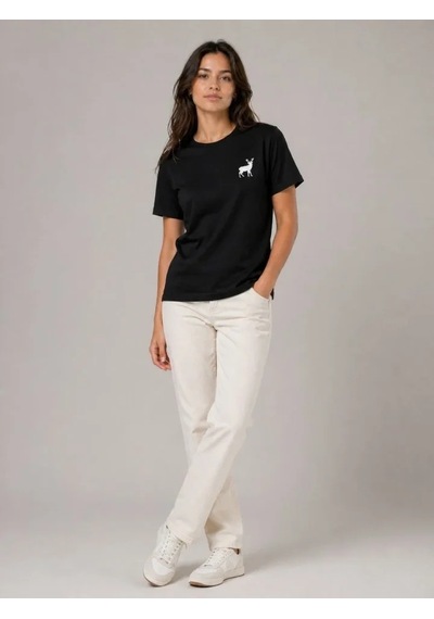 Defymoda Minimal Geyik Logolu Tişört Bisiklet Yaka Kısa Kol Yazlık T-shirt - Siyah