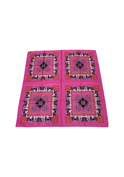 Tikitonki Etnik Desenli Kare Kesim Saten Pembe Eşarp - 90x90 Fuşya Fuşya