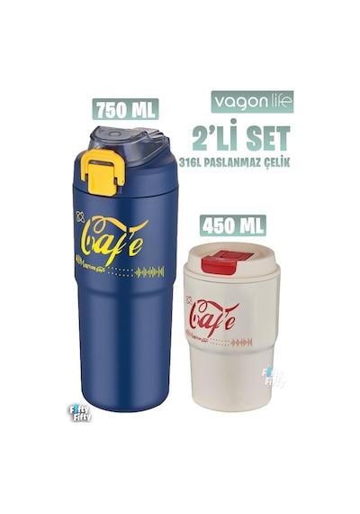Vagonlife 2'li Çelik Termos-kahve Bardağı Seti 750ml Çift Kullanım Termos//450ml Mug Kahve Bardağı Lacivert