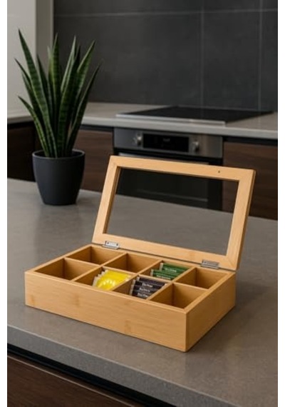 8 Bölmeli Bambu Poşet Çay Kutusu Bambu Organizer Kutu Takı Aksesuar Kutusu 30x20x7cm Çok Renkli