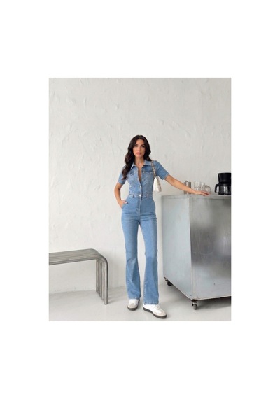Kene Jeans Kısa Kol Buz Kar Likralı Denim İspanyol Paça Tulum Buz Kar