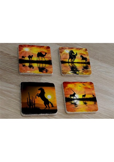 Egzotik Hayvanlar Deve At Antilop Doğal Taş Bardak Altlığı 4'lü Set - Natural Stone Coasters - Taş Çok Renkli