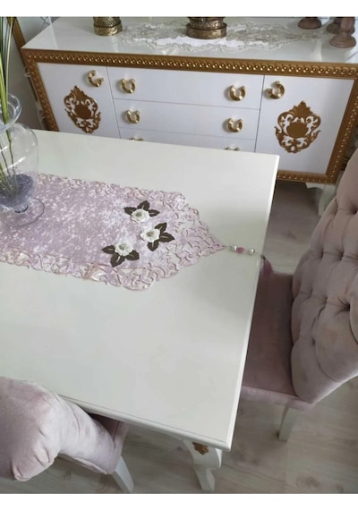 Mina Kadife Kumaş Lazer Kesim Çiçek Süslemeli Pudra Krem Runner 40x140 Cm 719 Pudra