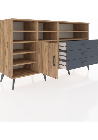Kronos Konsol 8 Raflı 3 Çekmeceli Tek Kapaklı 176x59x99 Çam-çam/ Çam-çam/antrasit