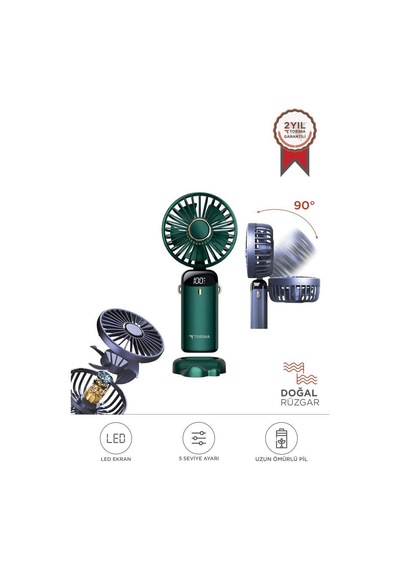 Torima F-19 Yeşil Dijital Ekranlı Şarjlı 90 Derece Ayarlanabilir Başlıklı Mini Masa Fan Vantilatör