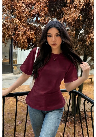 Kadın Bağcıklı Basic Tişört Belden Oturtmalı Şık Ve Modern Tasarım Bordo