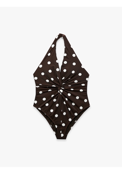 Koton Halter Yaka Puantiyeli Mayo Düğüm Detaylı Kahverengi Desenli 6sak20112mm