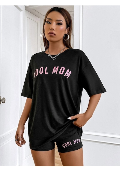 Cool Mom T-shirt - Siyah Baskılı Oversize Bisiklet Yaka Kısa Kol Tişört SIYAH