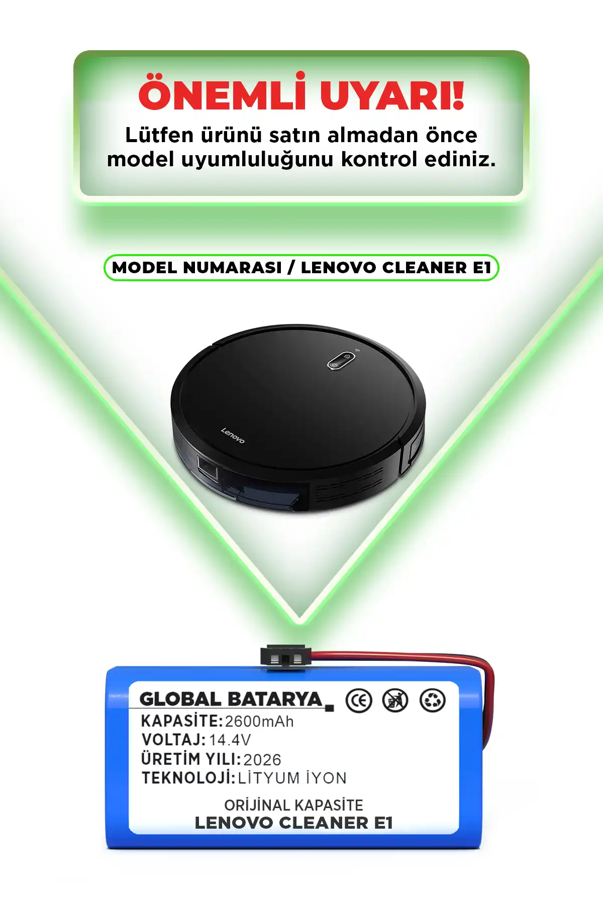 Lenovo Robot Vacuum Cleaner E1 Uyumlu Robot Süpürge Bataryası 14.4v 2600mah Pil  Kapasite