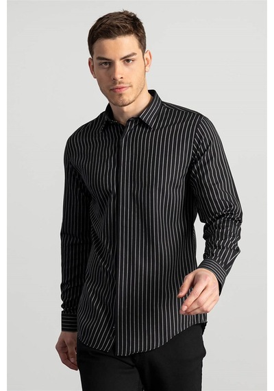 Tudors Slim Fit Dar Kesim Çizgili Oxford Spor Gömlek-20628 Siyah