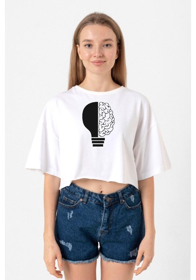 Lightbulb & Brain Beyaz Kadın Crop Tshirt Beyaz