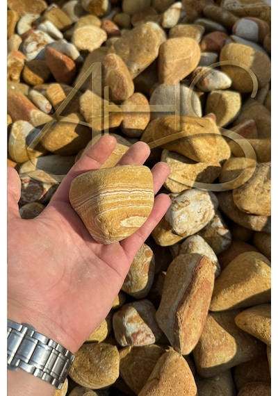 Sarı Çizgili Rainbow Dolomit Çakıl Taşı 6-10 Cm 2 Kg Dekoratif Bahçe Peyzaj Saksı Akvaryum Teraryum