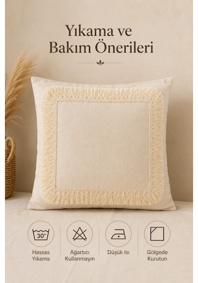 2'li Naturel Keten Püsküllü Kırlent Kılıfı Bohem Rustik Vintage Salon Dekoru Dekoratif 2 Adet Kırlen Bej
