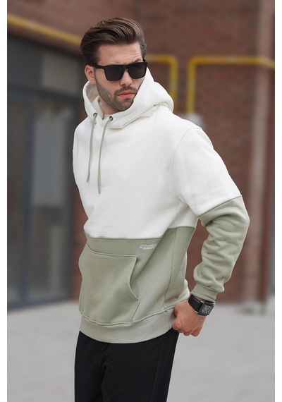 Madmext Ekru Kapüşonlu Renk Bloklu Baskı Detaylı Erkek Sweatshirt 7046