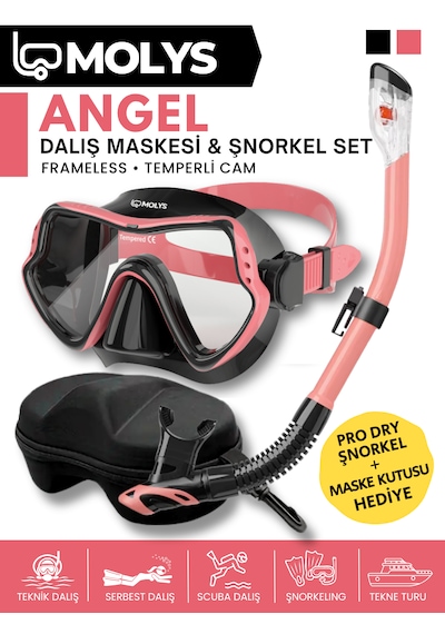 Molys Angel Dalış Maskesi + Antı Fog Buğu Önleyici Film + Pro Full Dry Tam Kuru Şnorkel + Maske Koruma Kutusu Set Halinde Siyah - Pembe