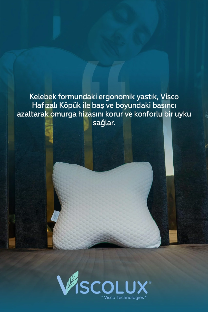 Visco Kelebek Yastık - Özel Ortopedik Boyun Destekli Visco Yastık 57x45x13 Yeşil