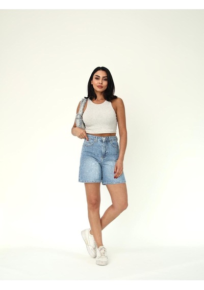 Eskitme Denim Kumaş Boru Paça Şort Mavi+eskitme