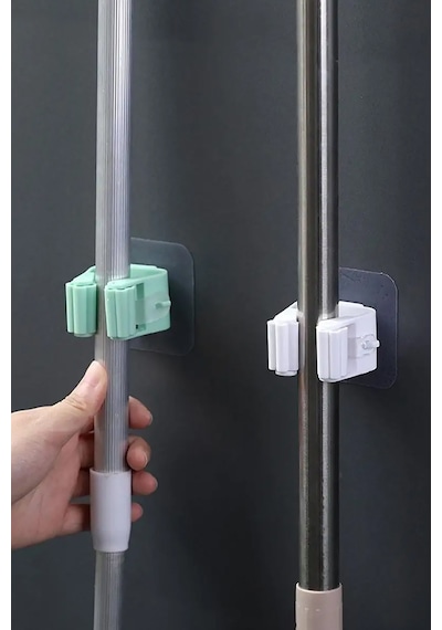 Yapışkanlı Pratik Mop Fırça Tutucu 4 Adet Poratif Banyo, Mutfak Askısı Gri