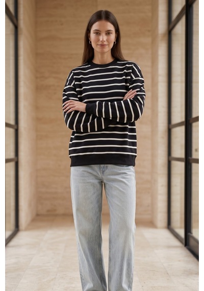 Rovebella Breton Çizgili İnce Penye Sweatshirt Siyah
