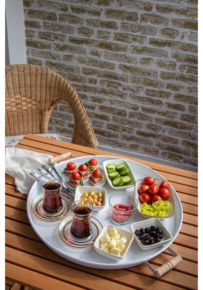 Kitchen Trend 3 Lü 45beyaz, 37kırmızı, 30beyaz Ahşap Kulplu Metal Tepsi Sunum Tepsi Seti