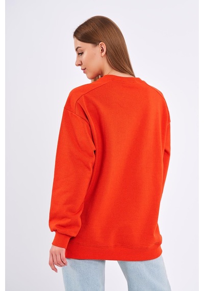 Mmetalic Turuncu Kadın Pamuklu Oversize Basic Bisiklet Yaka Sweatshirt 001