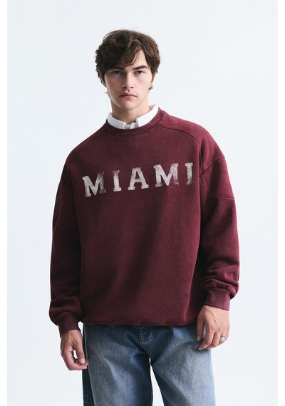 Vamos Miami Baskılı Bisiklet Yaka Sweatshirt Bordo