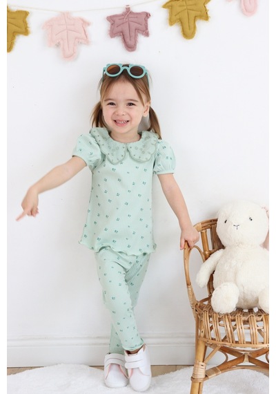 Harika Kids Kız Çocuk Çiçek Baskılı Raporlu Kumaş Basic Alt Üst İkili Takım 001