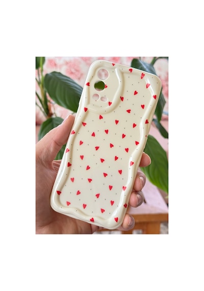 Fibaks Oppo A55 4G Uyumlu Kılıf Kamera Korumalı Dalga Kenarlı Kırmızı Kalp Desenli Silikon Kapak