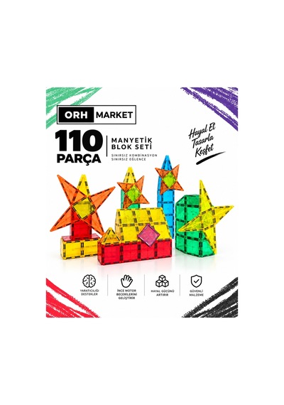 ORH Market 110 Parça 7.5 Cm Büyük Boy Manyetik Blok Seti Güçlü Mıknatıslı Zeka Geliştirici Eğitici Oyuncak