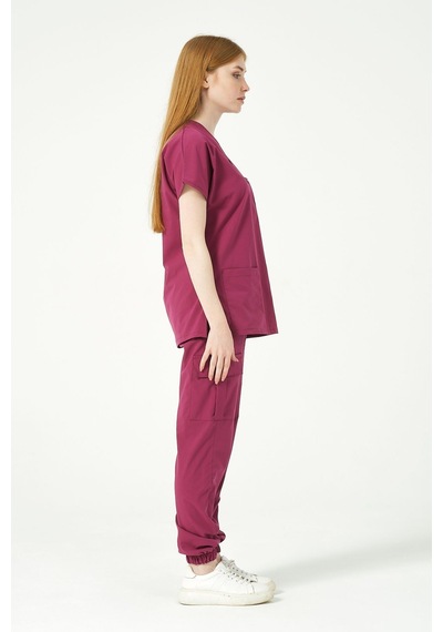 Vişne Likralı Scrubs Kargo Cep Jogger Paça Doktor Hemşire Forması Yarasa Kol Takım Unisex