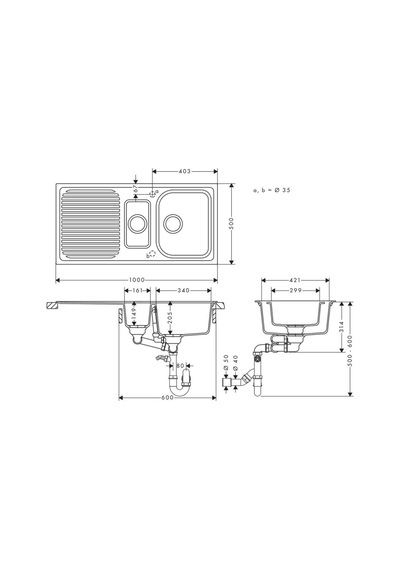 Hansgrohe S520-F525 Ankastre Granit Eviye 980/480 Otomatik Gider Seti Taş Grisi