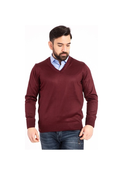 Nacar Store Erkek Bordo İnce Yün Triko V Yaka Triko Kazak