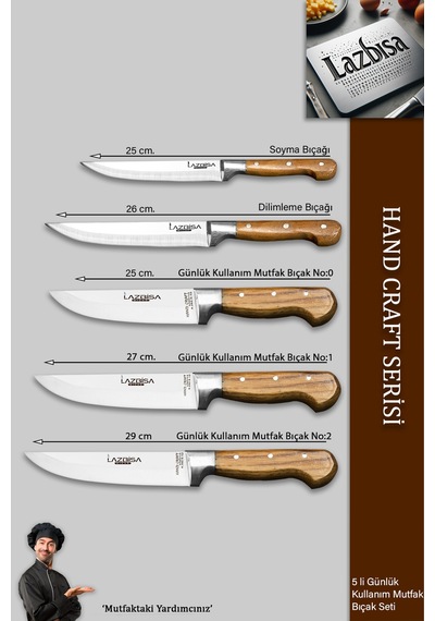Lazbisa Mtf-037 Hand Craft Mutfak Bıçak Seti Et Ekmek Sebze Bıçağı 5 Li Set Günlük Kullanım