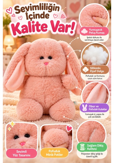 Pembe Obur Tavşan Peluş Oyuncak 26 Cm Yumuşak Welsoft Kumaşlı Sevimli Tombul Tavşan Uyku Arkadaşı