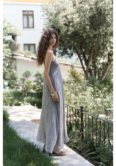 Mai Collection Mai Studios Co. Cinas Askılı Uzun Kahve Keten Elbise Kahve