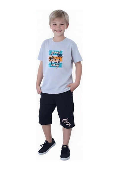 Fyk Kids Erkek Çocuk Yazlık Good Vibes Only Baskılı Alt-üst Takım Gri
