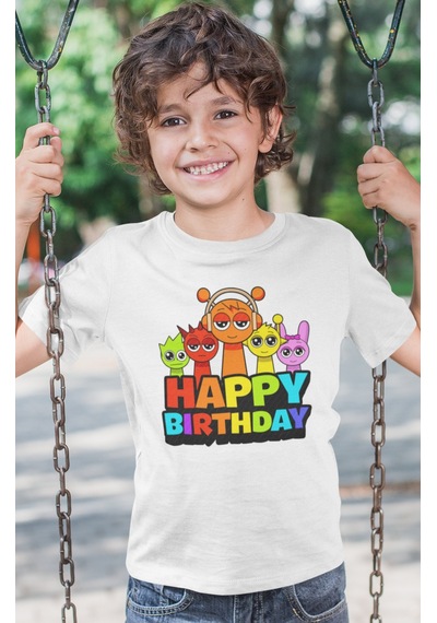 Sevbano Sprunki Doğum Günü Baskılı Unisex Çizgi Film Çocuk Tişört 1-12 Y Beyaz