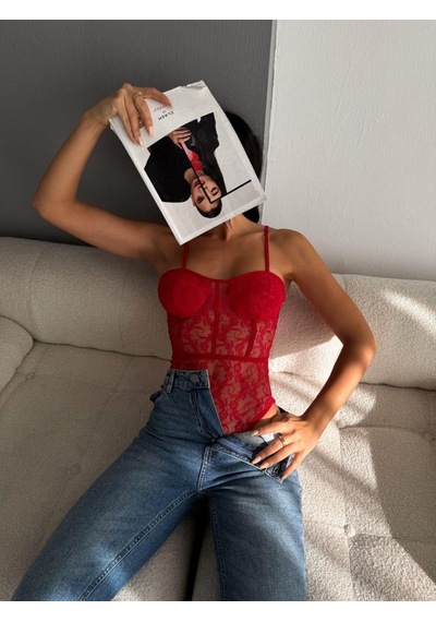 Elaxi Kadın Dantelli Ayarlanabilir Askılı Bodysuit Zarif Ve Etkileyici Stil Kırmızı