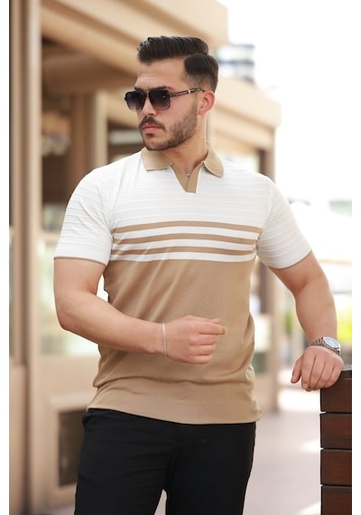 Erkek Çizgi Desenli Yakalı Kısa Kollu T-shirt Camel