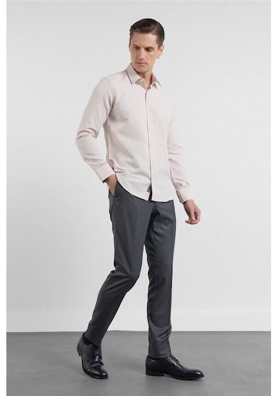 İmza Koyu Bej Sert Yaka Uzun Kol Cepsiz Slim Fit Pamuklu Gömlek 1004255284