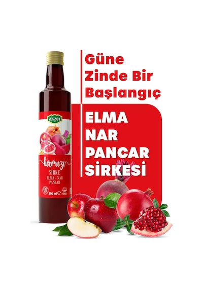 Akzer Kırmızı Sirke 500 Ml - %100 Doğal Fermente Katkısız Elma Nar Pancar Acı Biber Karışımı Cam Şişe