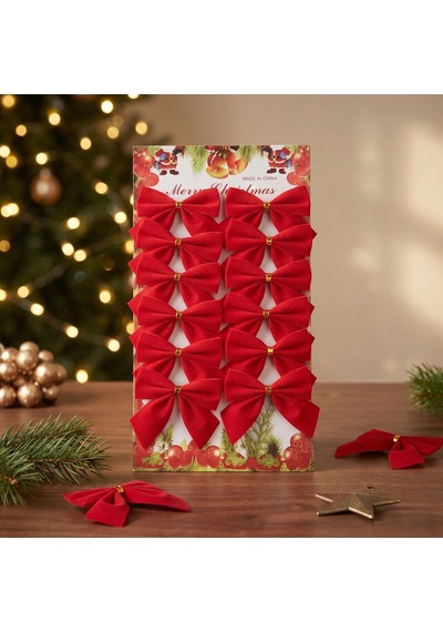 12'li Kırmızı Kadife Mini Fiyonk Kurdele Seti 5,5 Cm - Yılbaşı Ağacı & Hediye Paketi Süsü Altın Bağlamalı - 9000932717404 Diğer