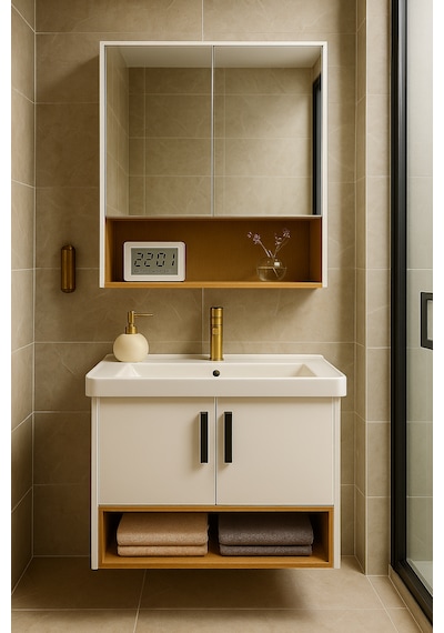 Legna 80 Cm Beyaz & Ahşap Banyo Dolabı Takımı Seramik Lavabolu