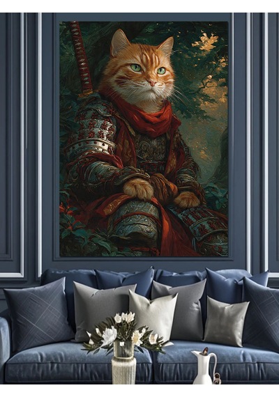 Ahşap Tablo Zırh Giyen Kedi Savaşçı